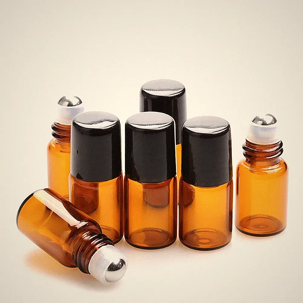25 Pack 2ml Amber Glass Roll on Bottle For Essential Oils,Perfume Vial with S...