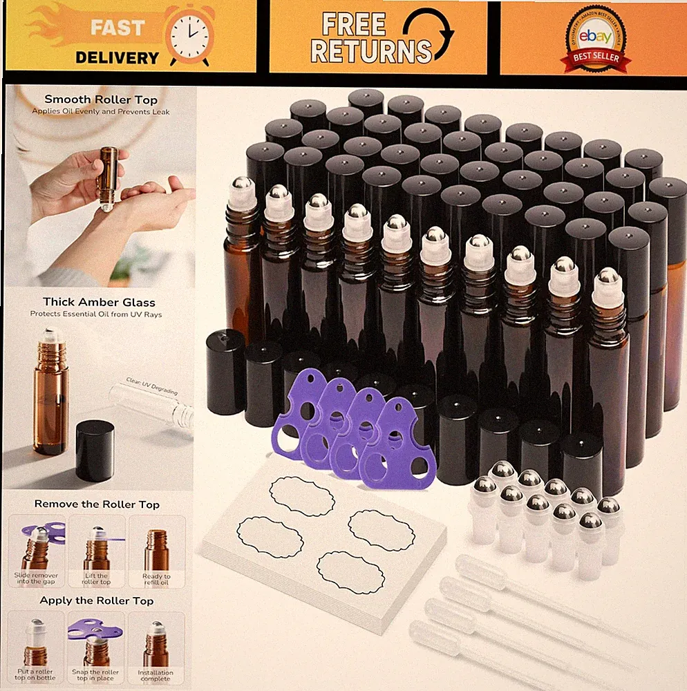 48-Pack 10ml Essential Oil Roller Bottles - Empty with Stainless Steel Balls & L