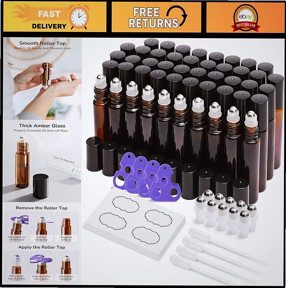 48-Pack Essential Oil Roller Bottles 10ml, Amber Glass with Stainless Steel Roll