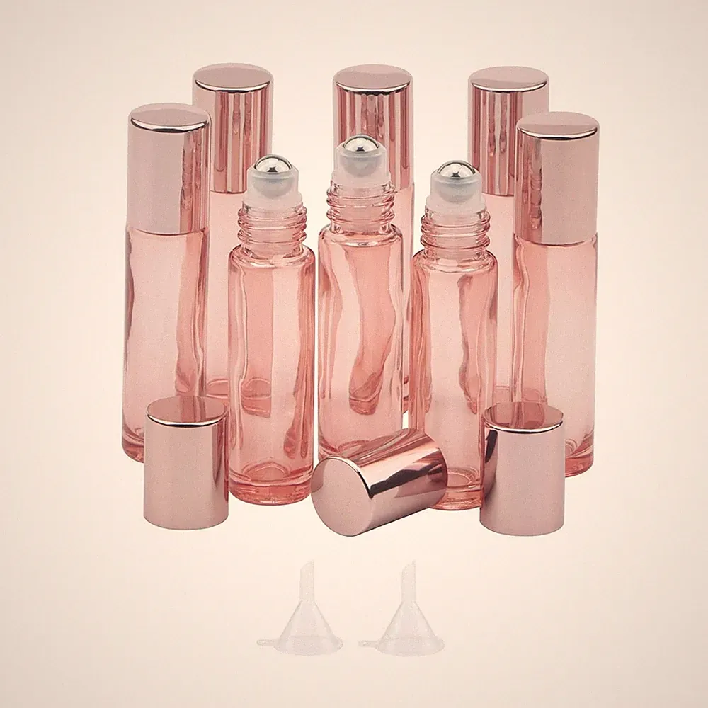 8 Pack 10mL(1/3 oz) Glass Roller Bottles for Essential Oils & Perfume, Rose G...